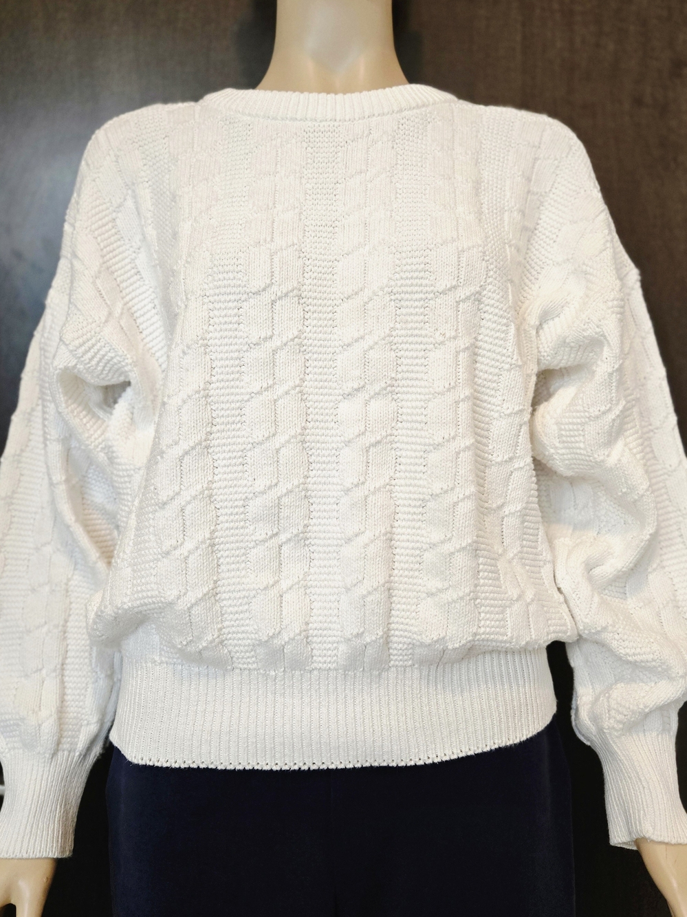 COTTON Made In Italy White Cable Knit Crewneck Sweater Size L